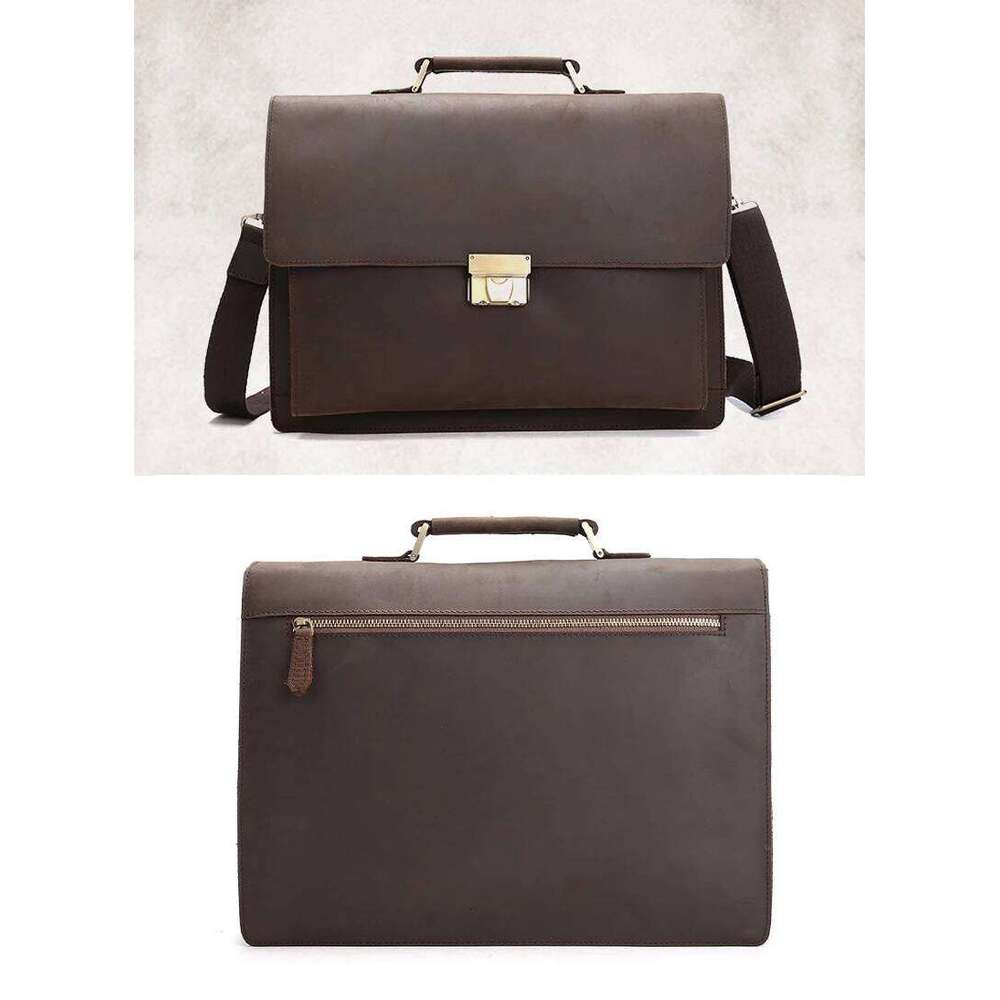 OLOEY Vintage Genuine Business Briefcase Men Leather 14"inch laptop Bag Tote attache case with coded lock Handbag Shoulder bag