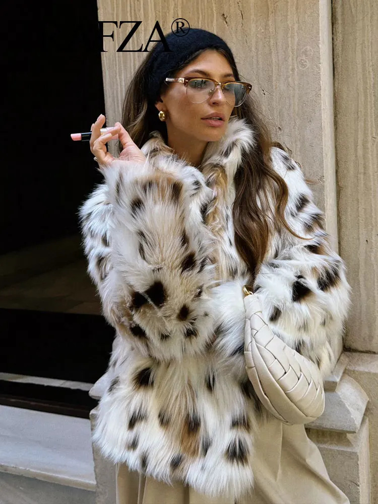 TRAFZA Autumn Winter Women Fashion Print Faux Fur Coat Casual Loose Long Sleeve Plush Thick Warm Jacket Female Y2K Streetwear 250723