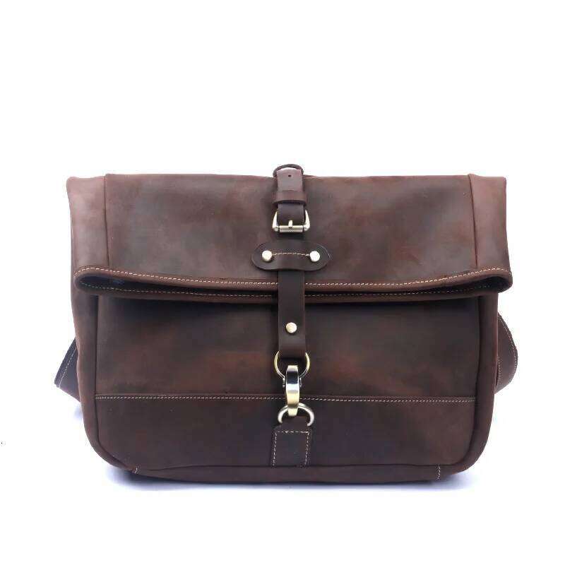 OLOEY Vintage Crazy Horse Leather Messenger - Genuine Full-Grain Cowhide Crossbody Bag with Antique Brass Hardware