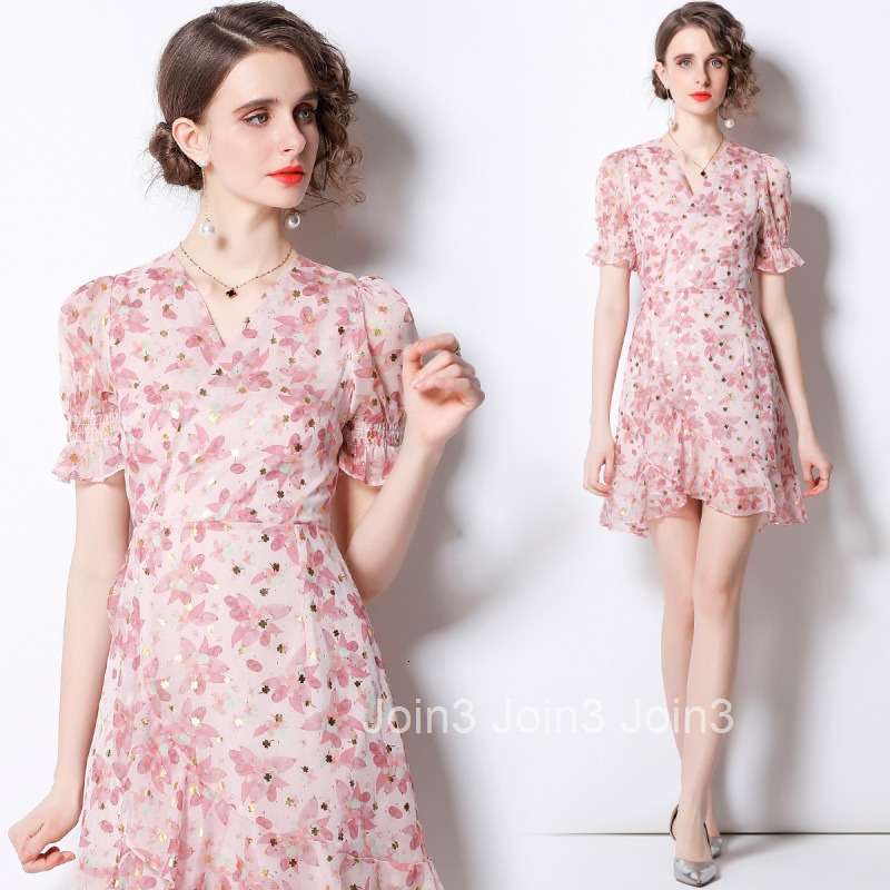 Summer New Womens Sweet High-Waisted Floral Midi Dress Slim Fit Mermaid Print Short Sleeve Dress