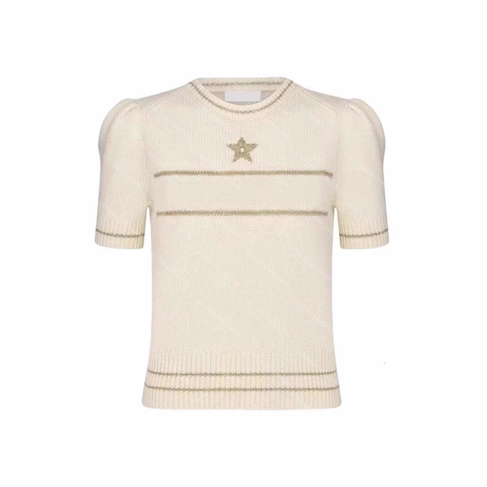 Knitted short sleeves Five-Pointed Star Embroidery Wool Slim Fit Round Neck Knitted Short Sleeve Womens