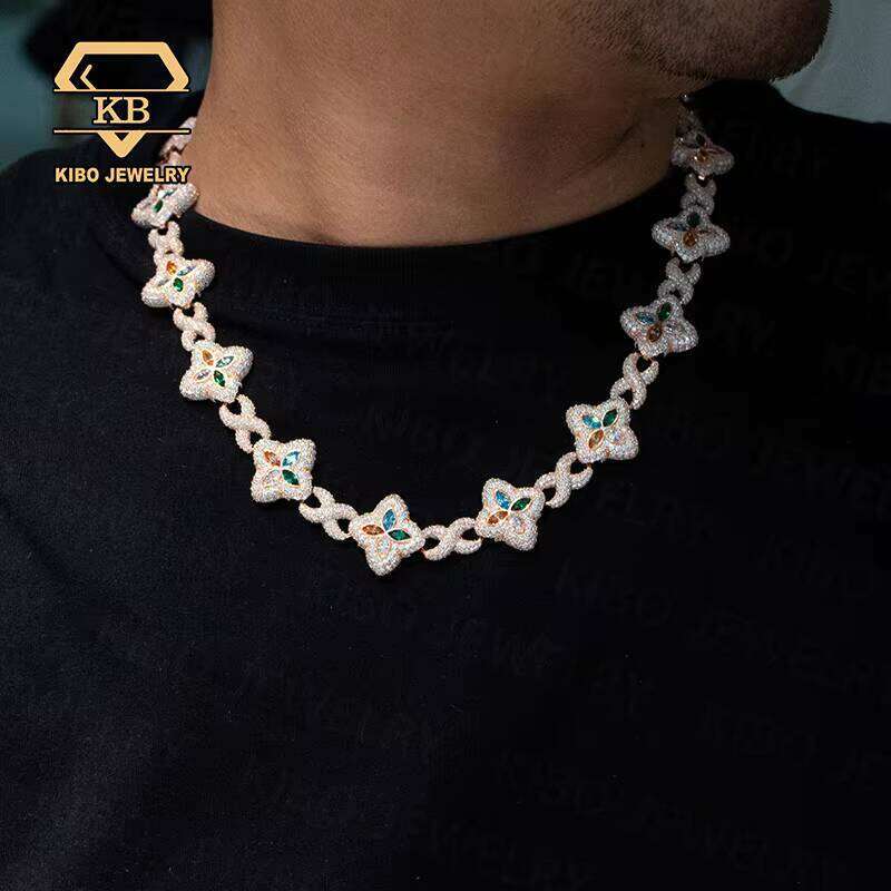 Hip Hop Clover Chains Jewelry VVS Sier Rose Gold Plated 22mm Moissanite Iced Out 4 Leaf Cuban Link Chain