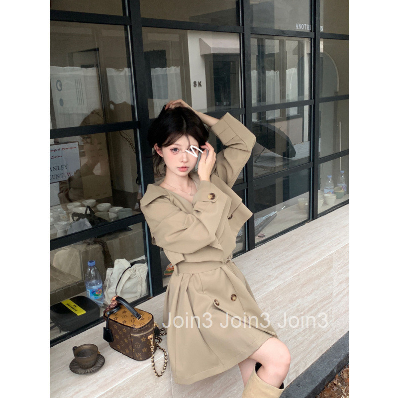 Autumn Winter New High-End Trench Coat Fashion Set Women Double-Breasted Short Jacket Top Short Dress