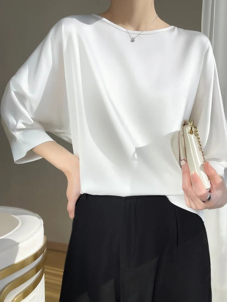 Summer Tee Tops Women Crew Neck Artificial Silk Satin Blouses Thin Smooth Half Sleeve Tshirt Batwing Silky Basic Y2k Tshirts 250729