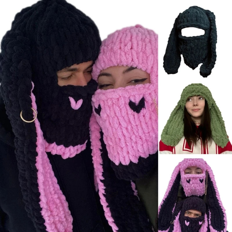 100% Cotton Winter Knitted Hat with Face-mask Breathable Headwear Women Headdress Adult Lady Costume Year Headgear 250724