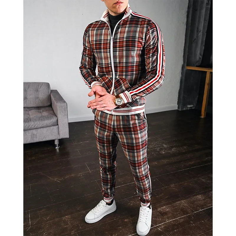 Mens Tracksuits Colorful Plaid Casual Zipper Hoodie Set 3D Print Autumn Sweatshirt Clothes For Men 250729