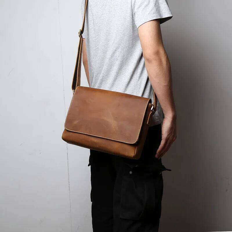 OLOEY Retro Mad Horse Men's Foreskin Layer Cowhide Single Shoulder Crossbody Leather Horizontal Handmade Messenger Bag