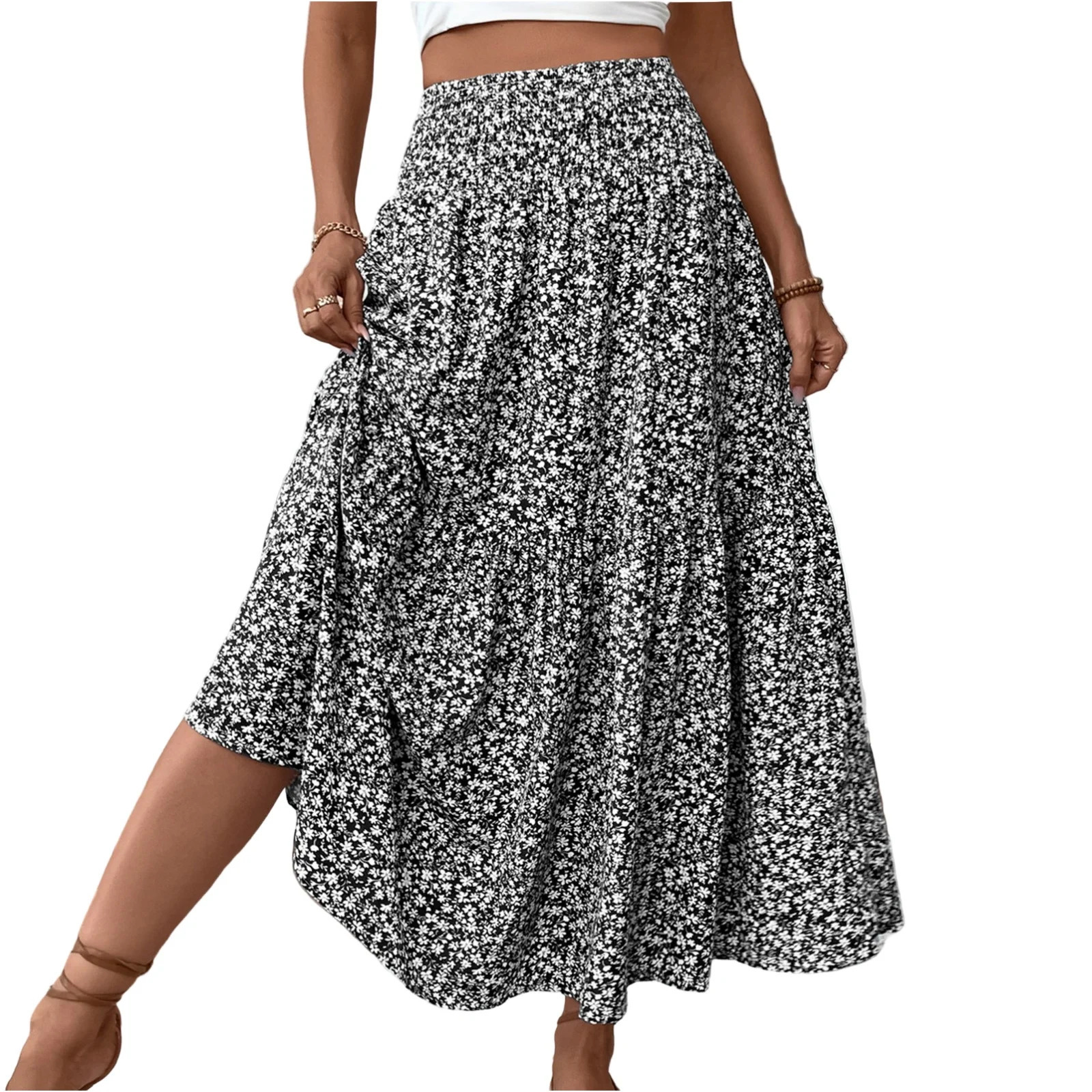Womens Fashion Pleated Floral Print Elastic Waist Loose Splicing A Line Skirt Skirts for Women Women 250729