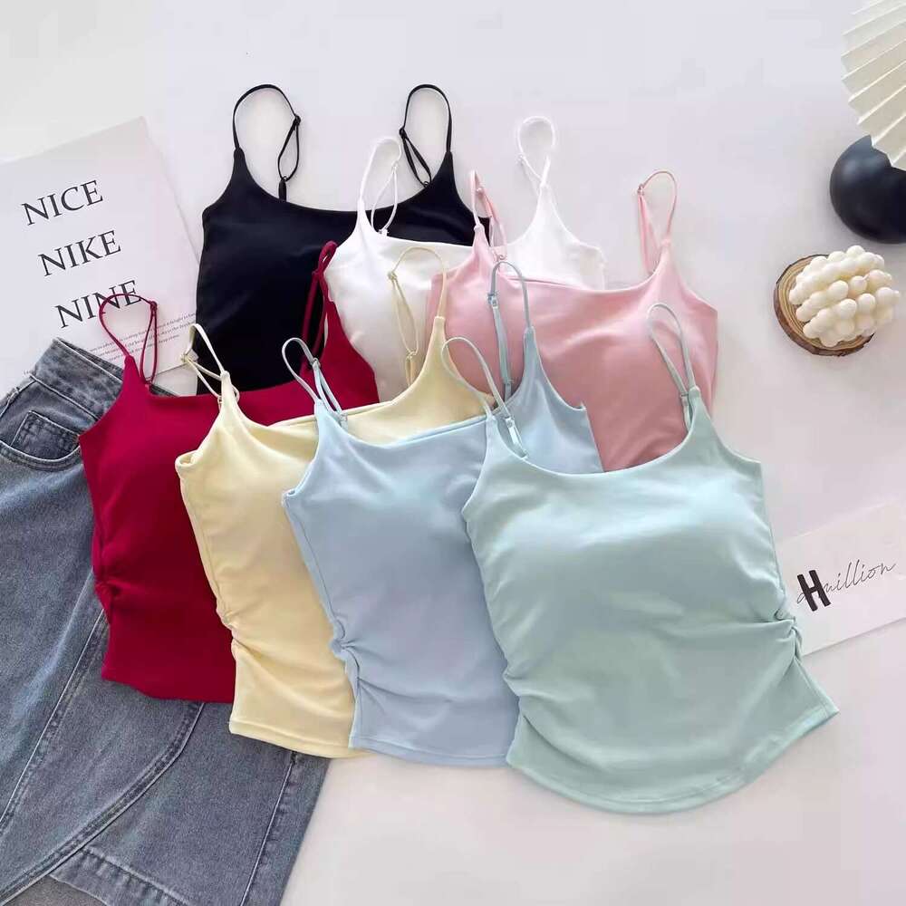 Designer T Shirt Pure Desire Sweet And Spicy Ruched Design Camisole With Chest Pads For Women, Suitable For Layering Or Wearing Alone, Slim Fit And Sl