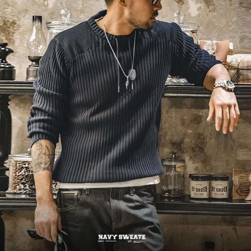 Madene Vertical Stripe Sweater ONeck Slim Fit Mens Retro Knitted Pullover Patch Stitching n Classic Sweaters Men Clothing 250729