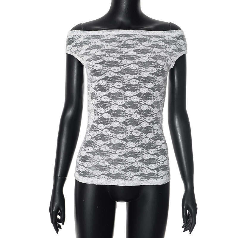 D24tp710 Women's Spring And Summer New Sexy Lace Casual One Shoulder Short Sleeve Top B5