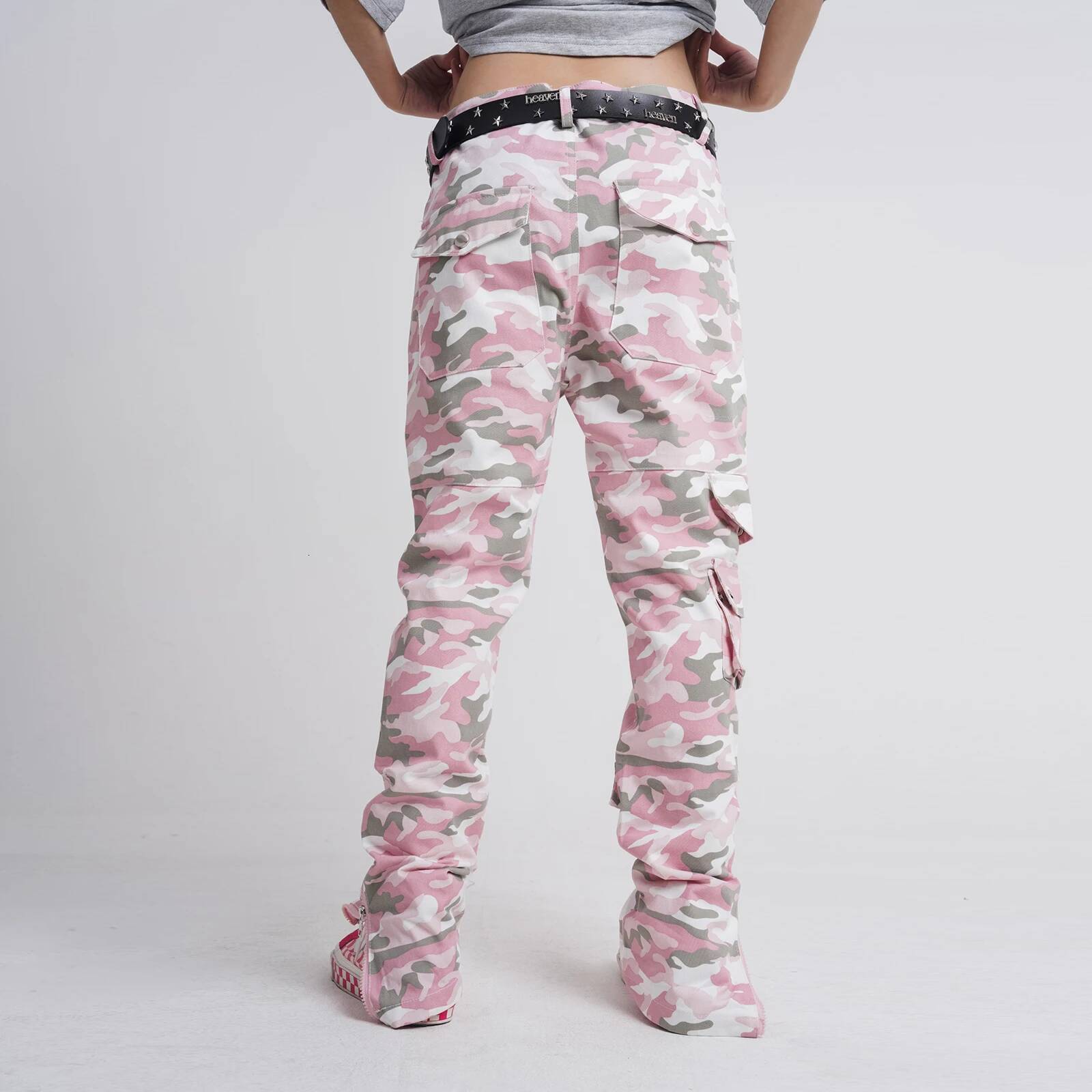 Fashion Streetwear Pink Camouflage Cargo Hip Hop Multi-Pocket Zip Up Trousers Flared Men Y2k Slim Fit Casual Pants Baggy