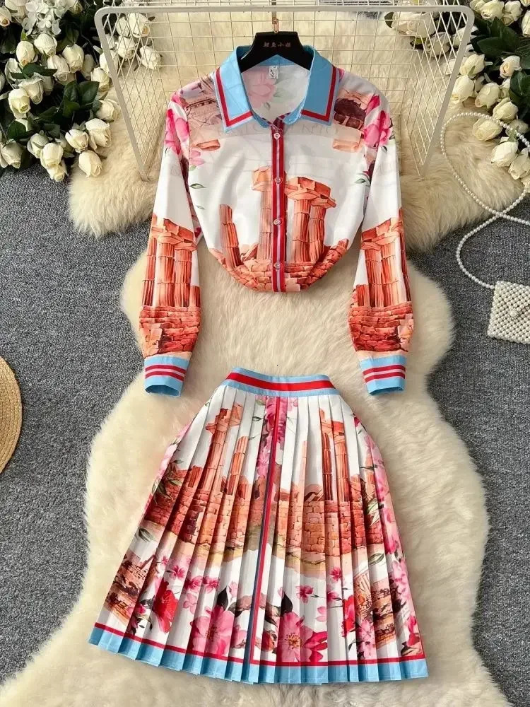 2025 Spring Summer Womens Long Sleeve Lapel Gorgeous Flower Print Shirt Top High Waist Zipper Pleated Mini Skirts 2 Piece Set 250728