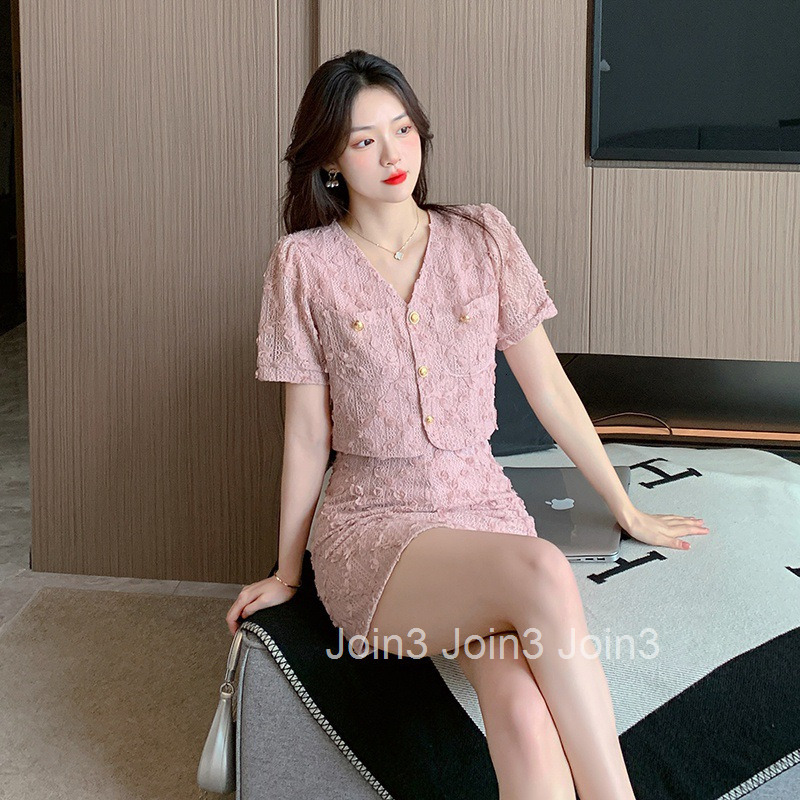 Summer New Plus Size Little Fragrance Pure Desire Style Sweet V-neck Single-breasted Short Sleeve Top + Half Skirt Set for Women