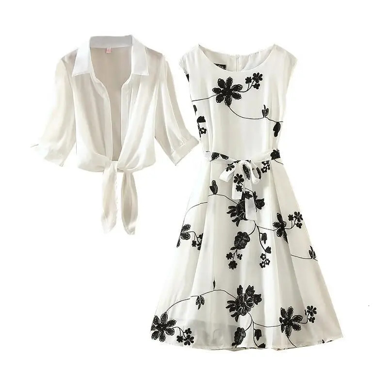 Elegant Suit Twopiece Dress High Waist Sleeveless Slim Aline Skirt Floral y White Top Bow Belt Vintage WOMEN 250729