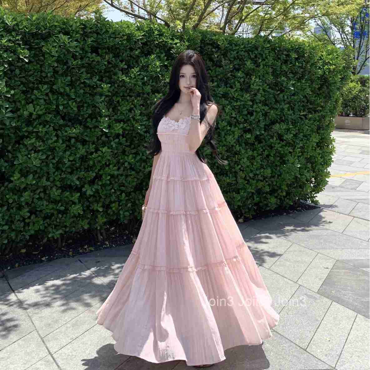 Summer Pink Vacation Dress Design V-neck Strap Sleeveless Vest Dress Long Dress Beach Princess Dress