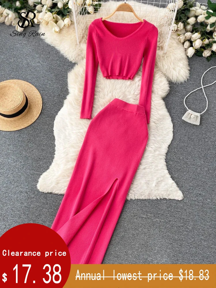 100% Cotton Autumn Sweater Two Pieces Suits Long Sleeves Knit Top Elastic Waist Slim Split Skirt Sets Women Warm Knitted Suit 250729