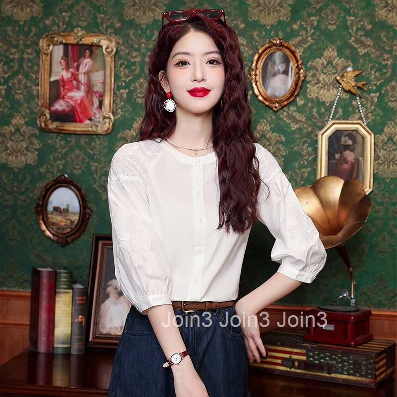 Autumn Summer New White Tencel Shirt Women Fashion French Style Three-Quarter Sleeve Blouse Top Women