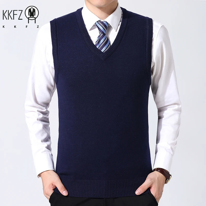 Autumn Winter Mens Solid Color Vneck Knitted Vest Casual Fashion Warm Sweater Versatile Top 250729