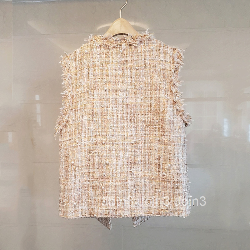 Autumn New Heavy Tweed Small Fragrant Milk Vest Coat Womens Trendy Nail Bead Fur Edge Temperament Double breasted Outer