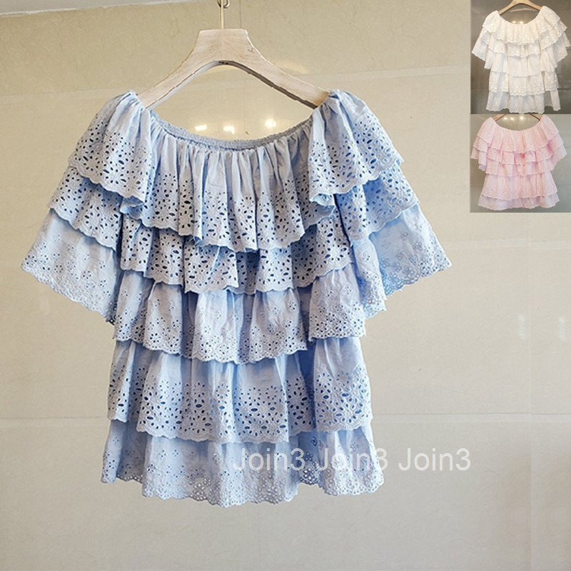 Summer New Fashion Elegant Off-Shoulder Ruffle Cake Short Sleeve Top for Women Internet Celebrity Doll Blouse