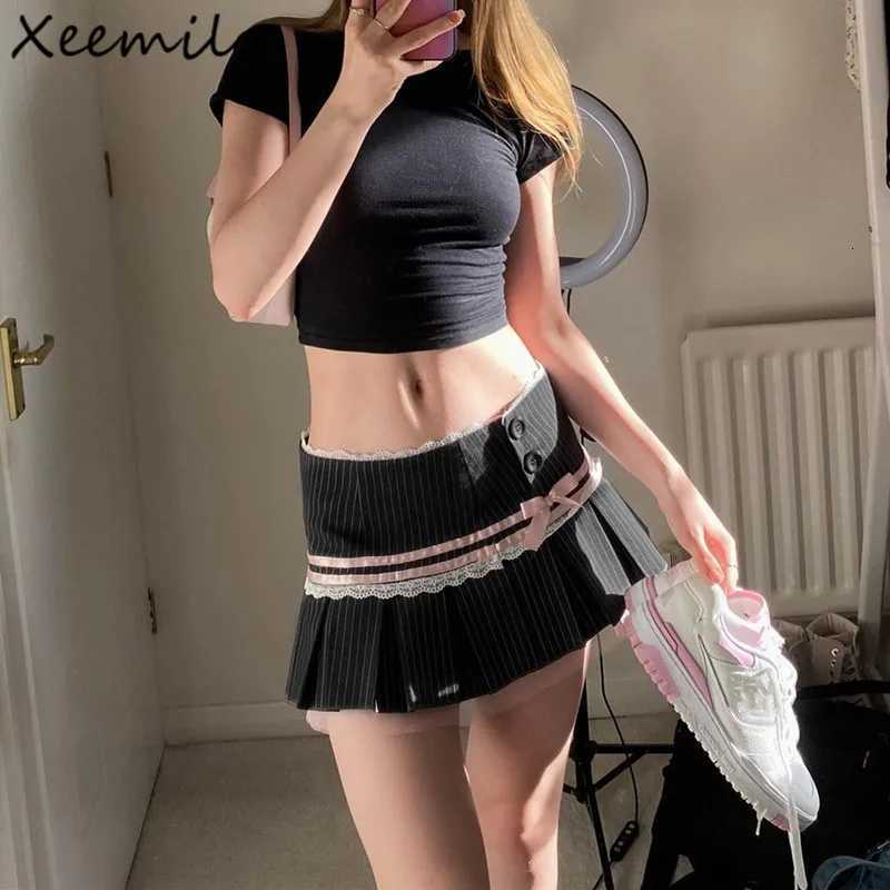 2024 Summer Fashion Style Stripe Print Mini Skirt Aesthetic Lace Pleated Patchwork Skirts Streetwear Sweet High-waist Dress R250728