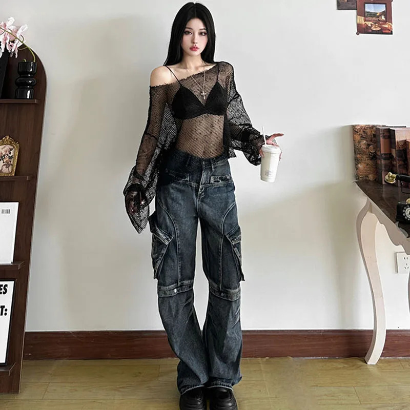 Sexy Club Mesh See Through T-Shirt Women Black Hollow Out Long Sleeve Tees Female Summer Fashion Streetwear Basic Y2K Tops Lady 250725