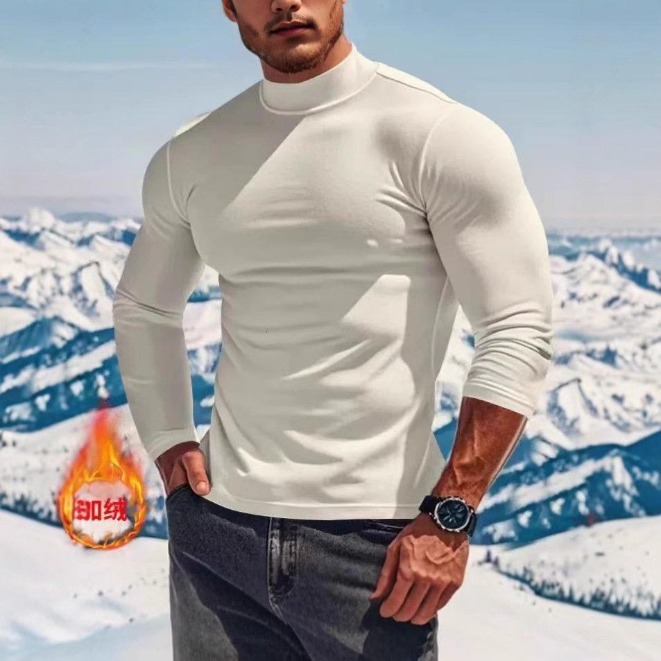 Mens Autumn Winter Thermal Pure Long Sleeve T-Shirt Knitted Base Shirt Slim Fit Half High Collar Mens Top