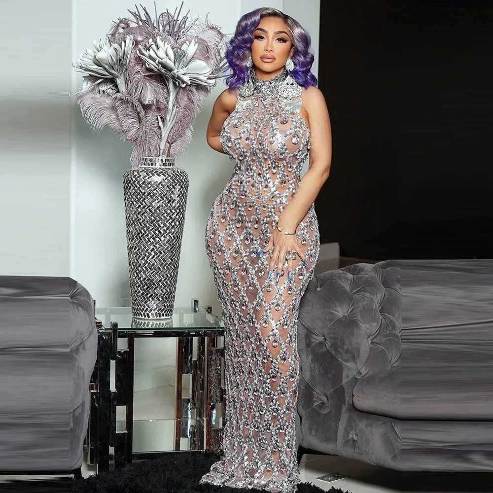 Sparkly Silver Big Rhinestone Transparent Long Dress Evening Birthday Celebration Luxurious Costume Dancer Flashing Dress Z250728