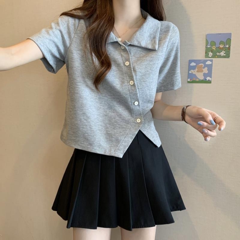 2025 Irregular Short sleeved Women's T-shirt Summer Fashion Slim fit Abdominal Cover Design Sense Regular Shoulder Polo Shirt Casual Fashion New 