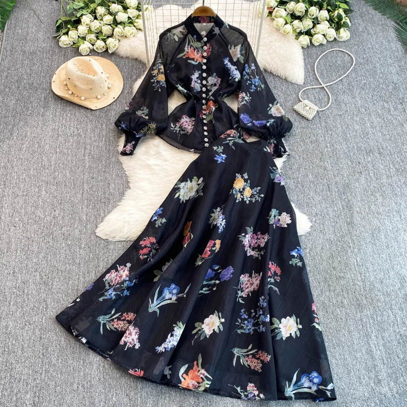 Female Fashion Floral Elegant Retro Two Piece Set For Women O Neck Long Sleeve Tops High Waist A-Line Skirt Set 250728