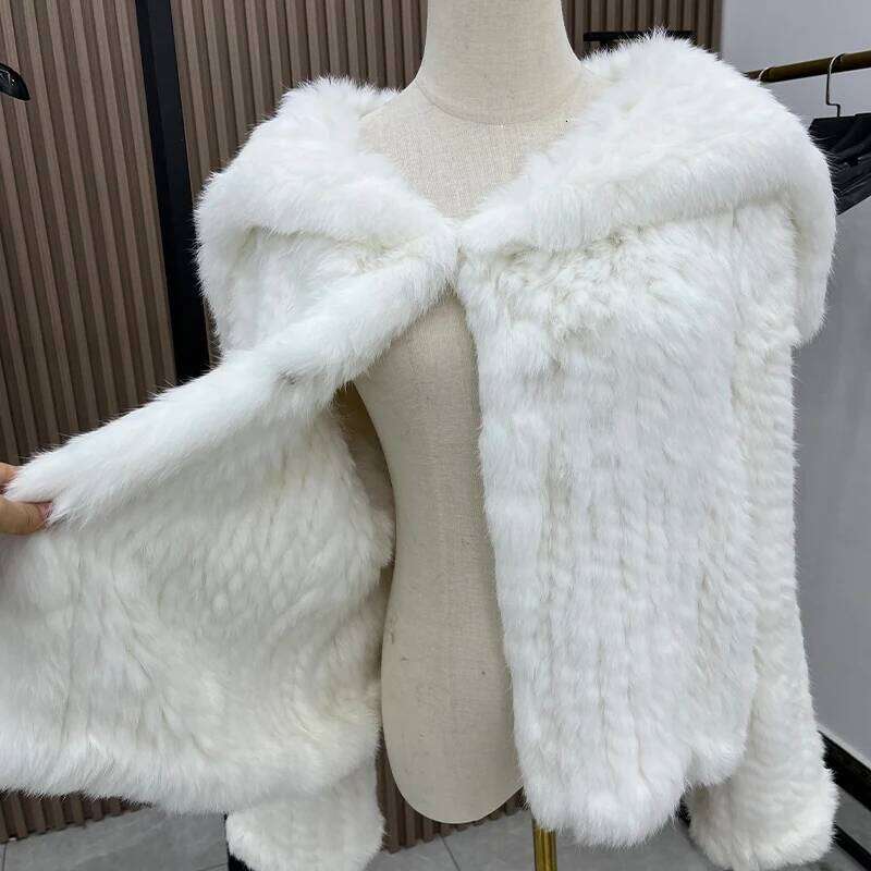 2025 Autumn Winter Women Real Natural Rabbit Fur Double Knitted Coat With Big Navy Collar Thick Warm Jacket Full Sleeves