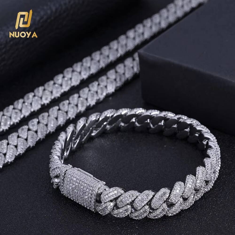NUOYA BAGUETTE Cuban Chain 12mm White Gold Plated Full Iced Zircon Miami Link Necklace Luxury Hip Hop Jewelry