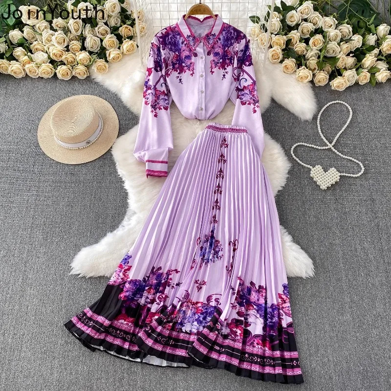 Skirt Outfits Floral Two Piece Sets Women Clothing Long Sleeve Single Breasted Blouses High Waist Pleated Skirts Suit Summer Set 250728