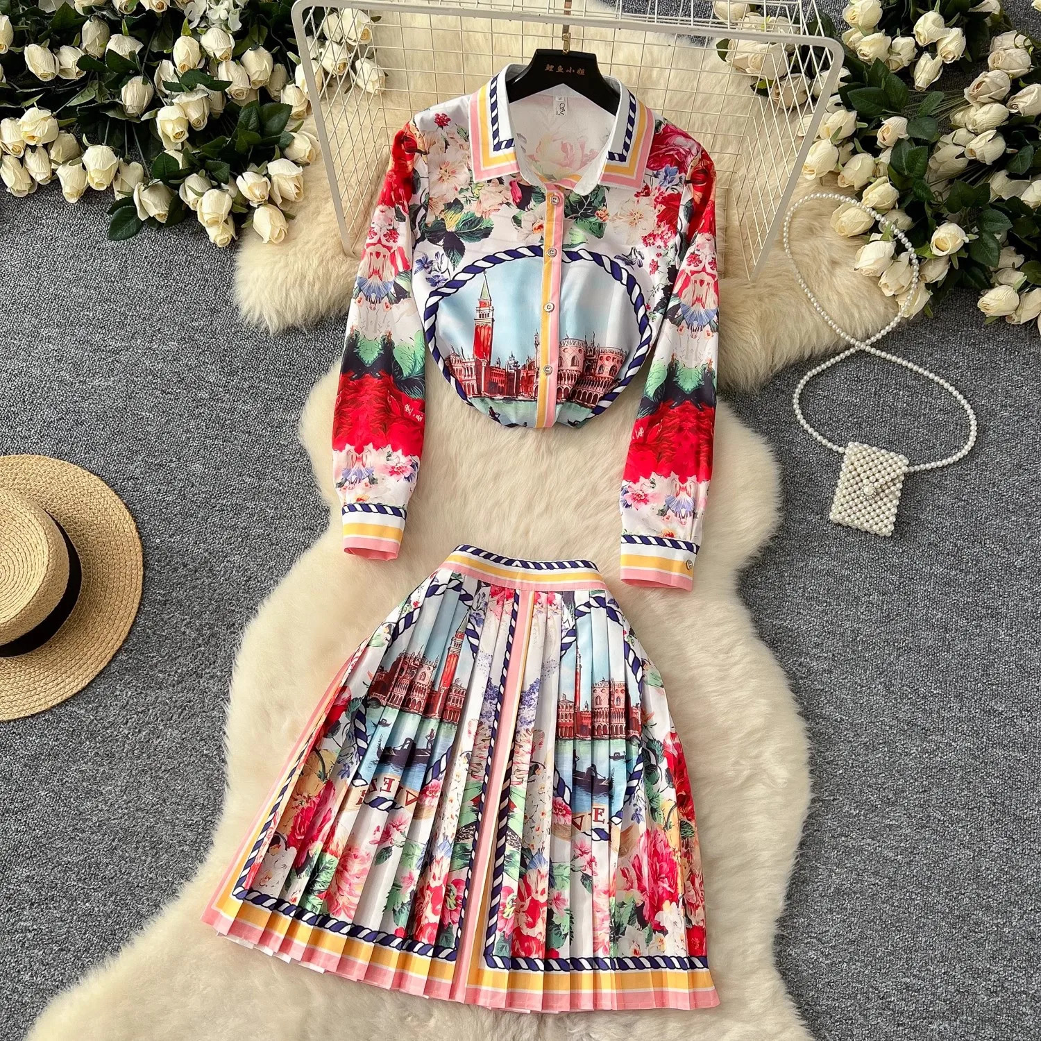 Summer Runway Holiday Gorgeous Flower Skirt Suit Long Sleeve Print Shirt Tops Pleated Mini Skirt Womens 2 Piece Outfits Skirt 250728
