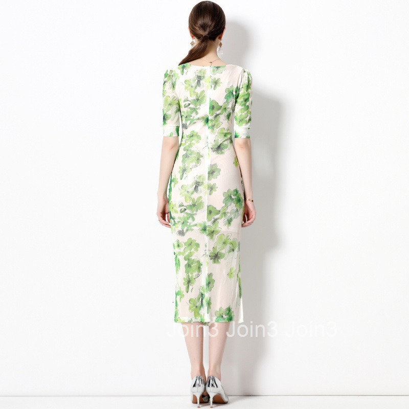 Summer New Fresh Elegant High Waist Mid-Sleeve Printed Dress Mid-Length Slim Fit Slit Bodycon Dress