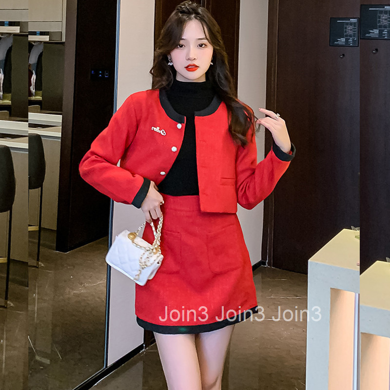 Fashion Petite Height-Enhancing Festive Red Outfit for Women Autumn Winter Tweed Jacket and Skirt Two-Piece Internet Celebrity