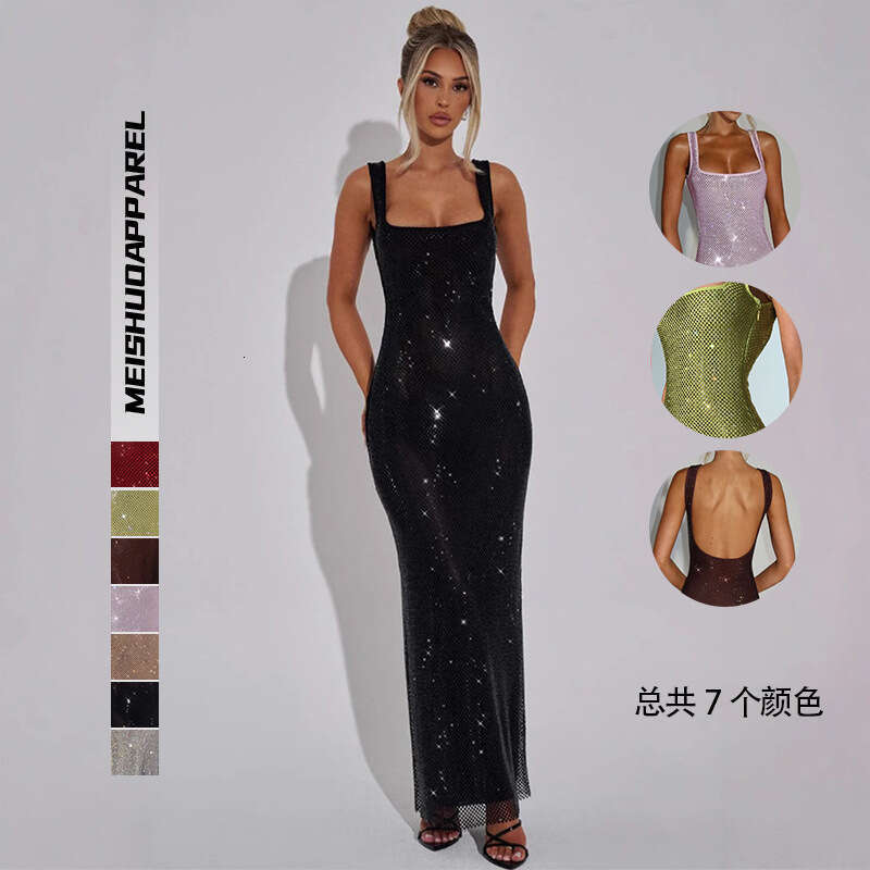 Sexy Double Strap Sequin Mesh Rhinestone Camisole for Women, New Autumn Winter Elegant Waist-Cinching Pullover Bodycon Dress