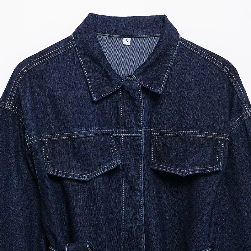100% Cotton Womens Fashion With Belt Denim Blue Single Breasted Jackets Vintage Lapel Neck Long Sleeves Female Chic Lady Outfits 250729