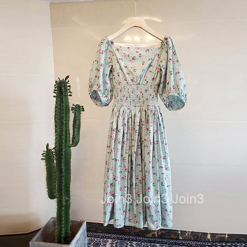 Printed Dress for Women Summer New Fashion Floral Skirt Cherry Waist Slimming Over-the-Knee Mid-Length Dress