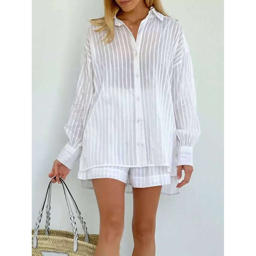 Wolfeel Casual Sets Striped Jacquard 2 Pieces Cozy Lapel Lantern Sleeve Shirt Summer Outfit Elastic Waist Shorts Suits