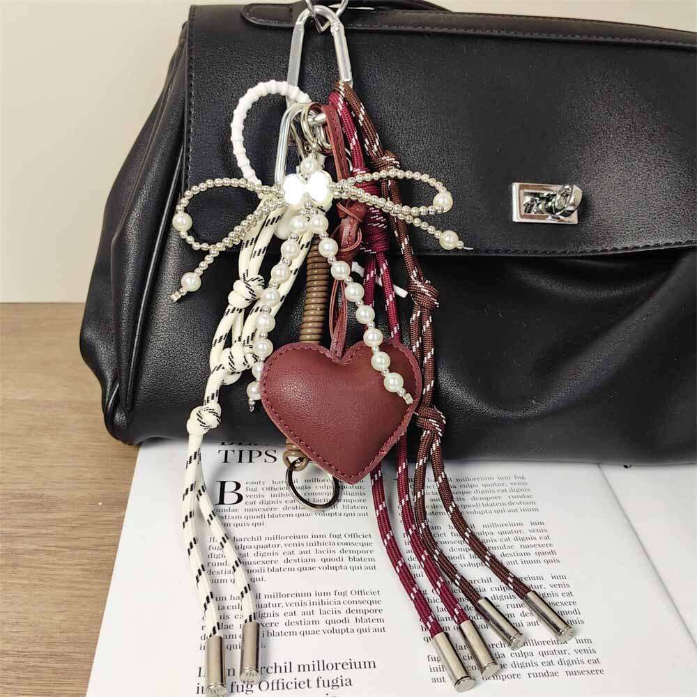 Autumn Winter New Bag Pendant Wine Red Leather Peach Heart Ornament Pearl Bow Keychain