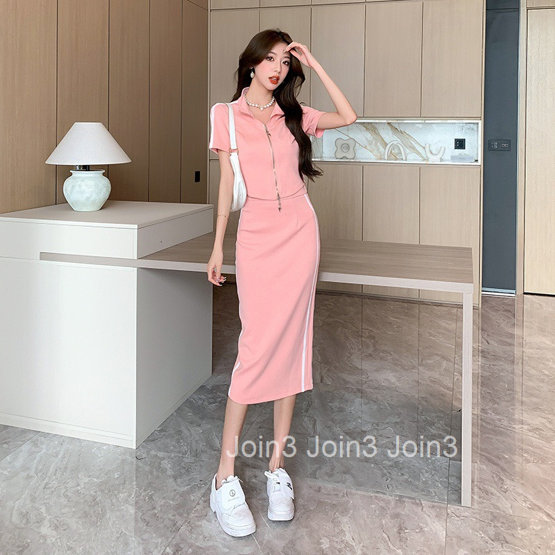 2025 Summer New Fashion Turn-Down Collar Zipper Casual Short Sleeve Top Short Mid-Length Skirt Set Two-Piece Set