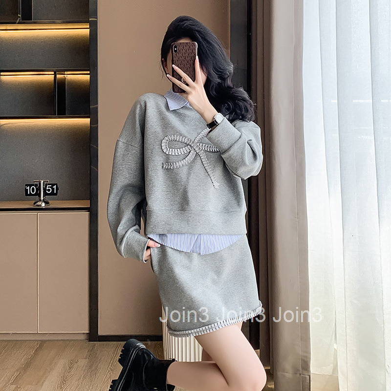 Autumn Winter New Loose Long Sleeve Sweatshirt for Petite Women Short Shirt Half Skirt Three-Piece Set