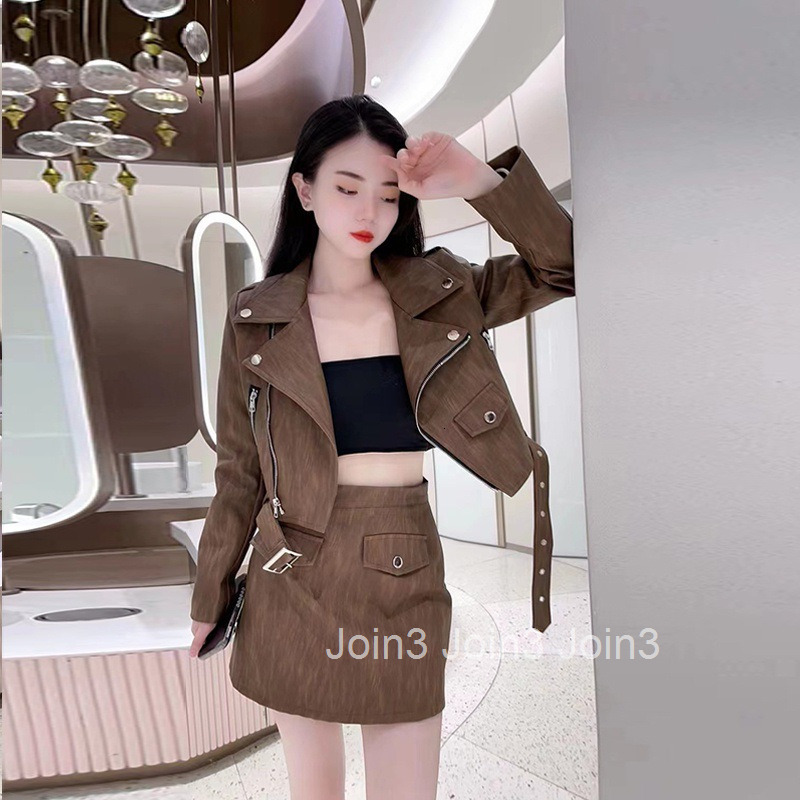 Autumn Winter New Style Elegant French Design Motorcycle Style Suit Collar Short Jacket + High Waist Short Skirt Set for Women