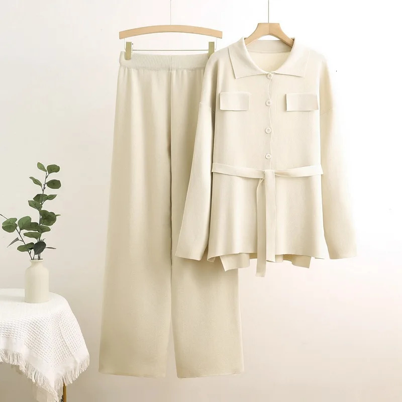 2 Piece Knitted Sets for Women Korean n Single Breasted Knitwears Sweater Cardigan Tops Suits High Waist Wide Leg Pants Outfit 250729
