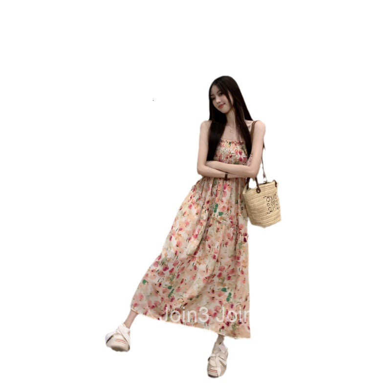 Summer New Sweet Fairy Floral Strap Dress Chiffon Slimming Printed Long Dress