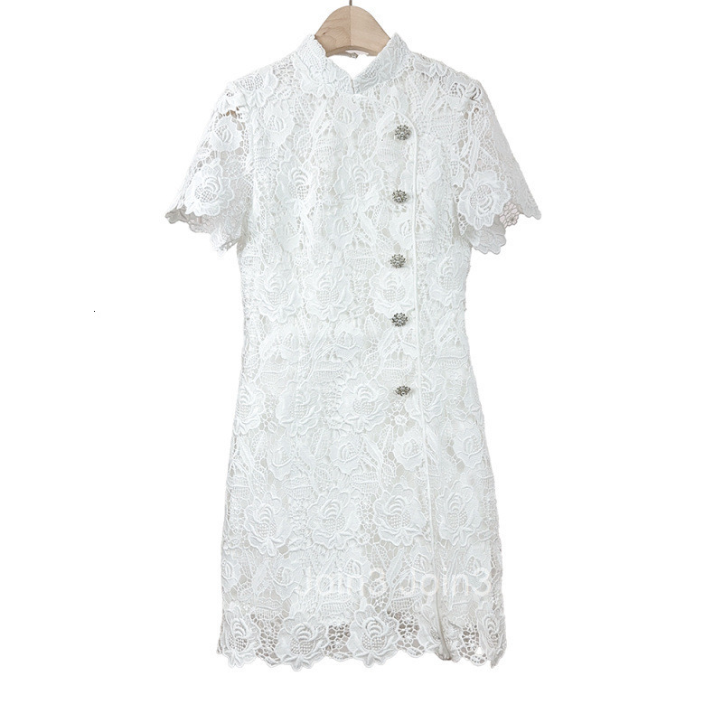Summer New Style New Socialite Chinese Style Small Fragrance Style Stand Collar Elegant Embroidered Floral Hollow Waist Slimming Short Sleeve Dress