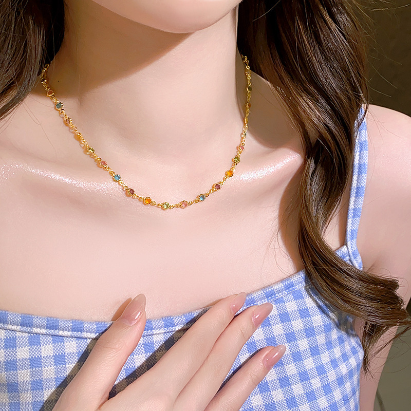 New Dopamine Color Crystal Necklace Niche Design Light High-end Clavicle Chain Elegant Versatile Jewelry Jewelry for Women Jewelry for Women