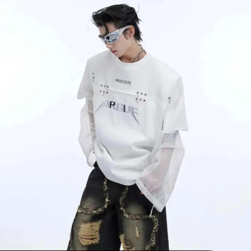LUZHEN Fashion Original Gauze Splicing Long Sleeve T-Shirts for Men Trendy Niche High Quality Casual Tops LZ3975 250723
